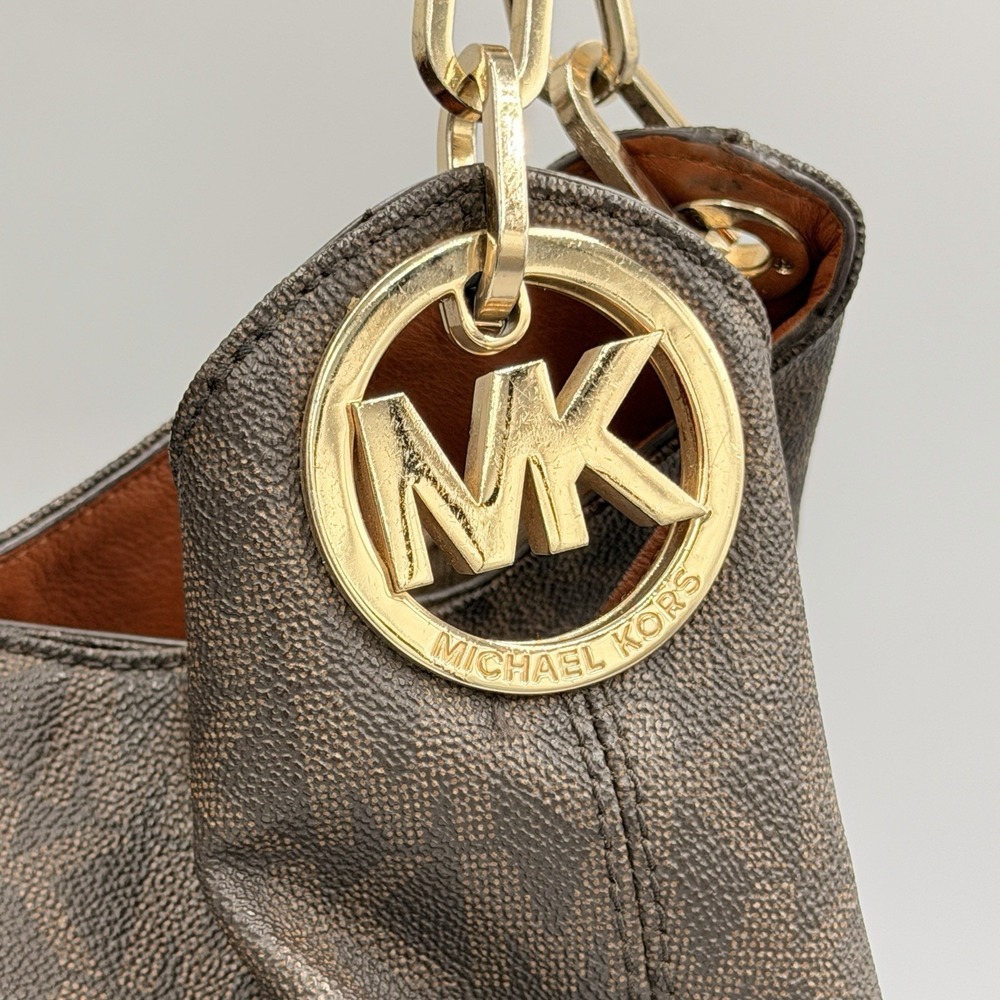 Michael Kors Fulton MK Monogram Hobo Bag Brown Chain Strap Shoulder Slouchy - Picture 2 of 16